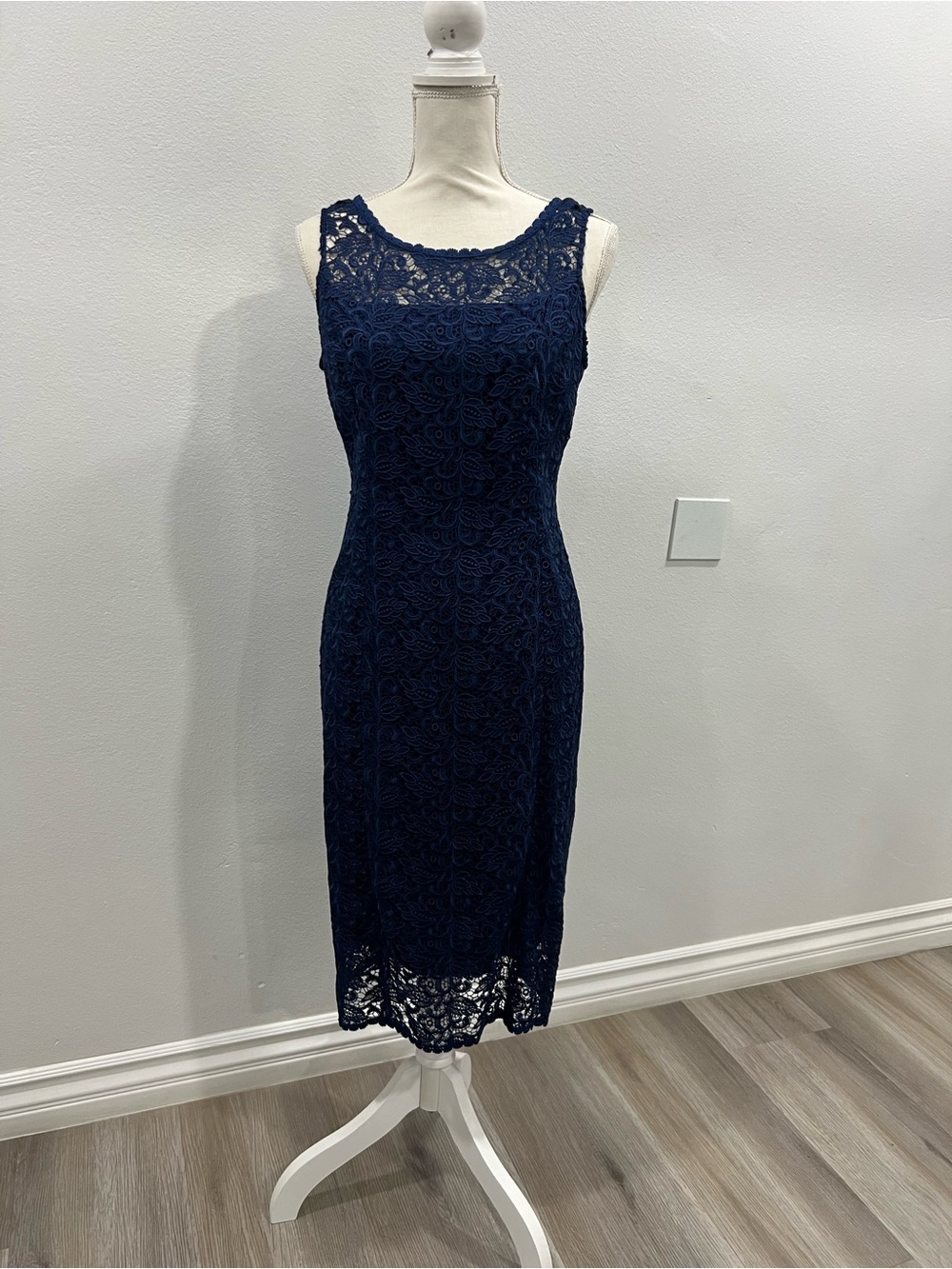 White House Black Market Navy Lace Midi Sheath Dress